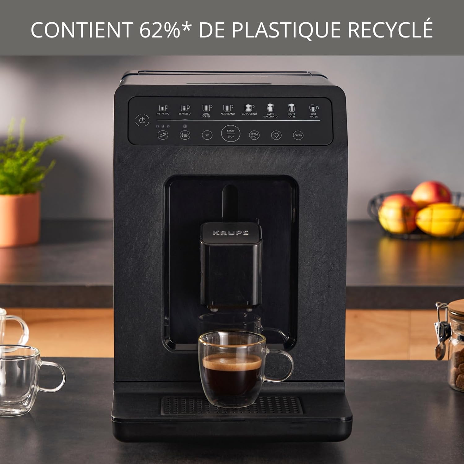 Krups Machine à café grains automatique, 2 boissons simultanées, 8 boissons préréglées, Entretien facile, Plastique recyclé et recyclable, Fabriqué en France, Evidence Eco-Design EA897B10