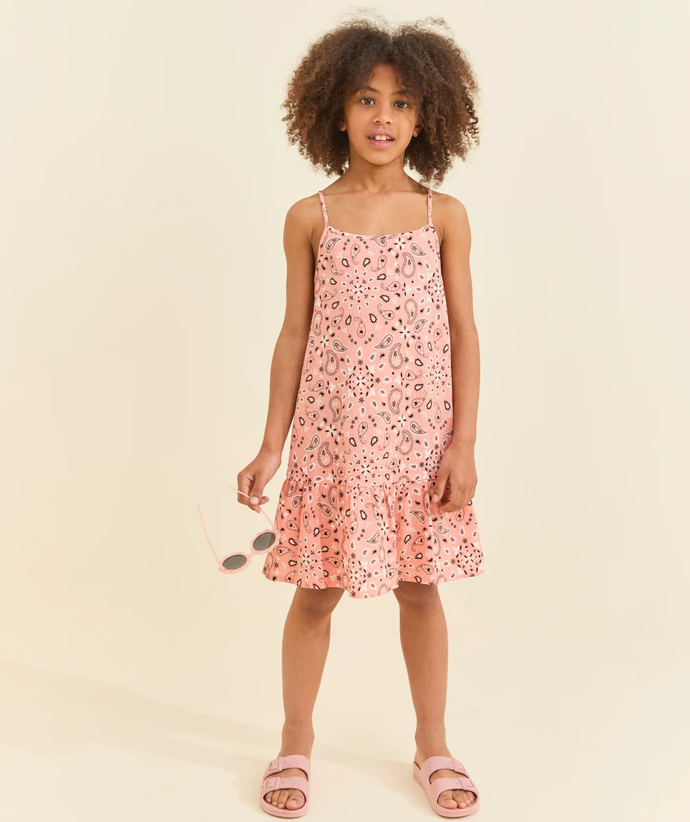robe à bretelles fille en coton imprimé cachemire rose