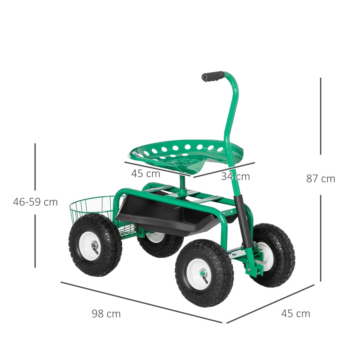 Outsunny tuintrolley met rolzitting, 98cm x 45cm x 87cm, metaal+rubber, groen