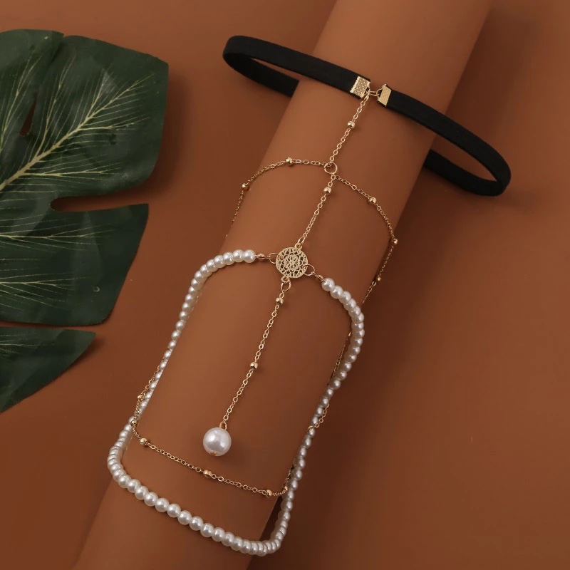 (Ø18-45cm) Elastische Bein Kette Boho Körper Schmuck Oberschenkel Festival Accessoire Perlen - Gold / Schwarz