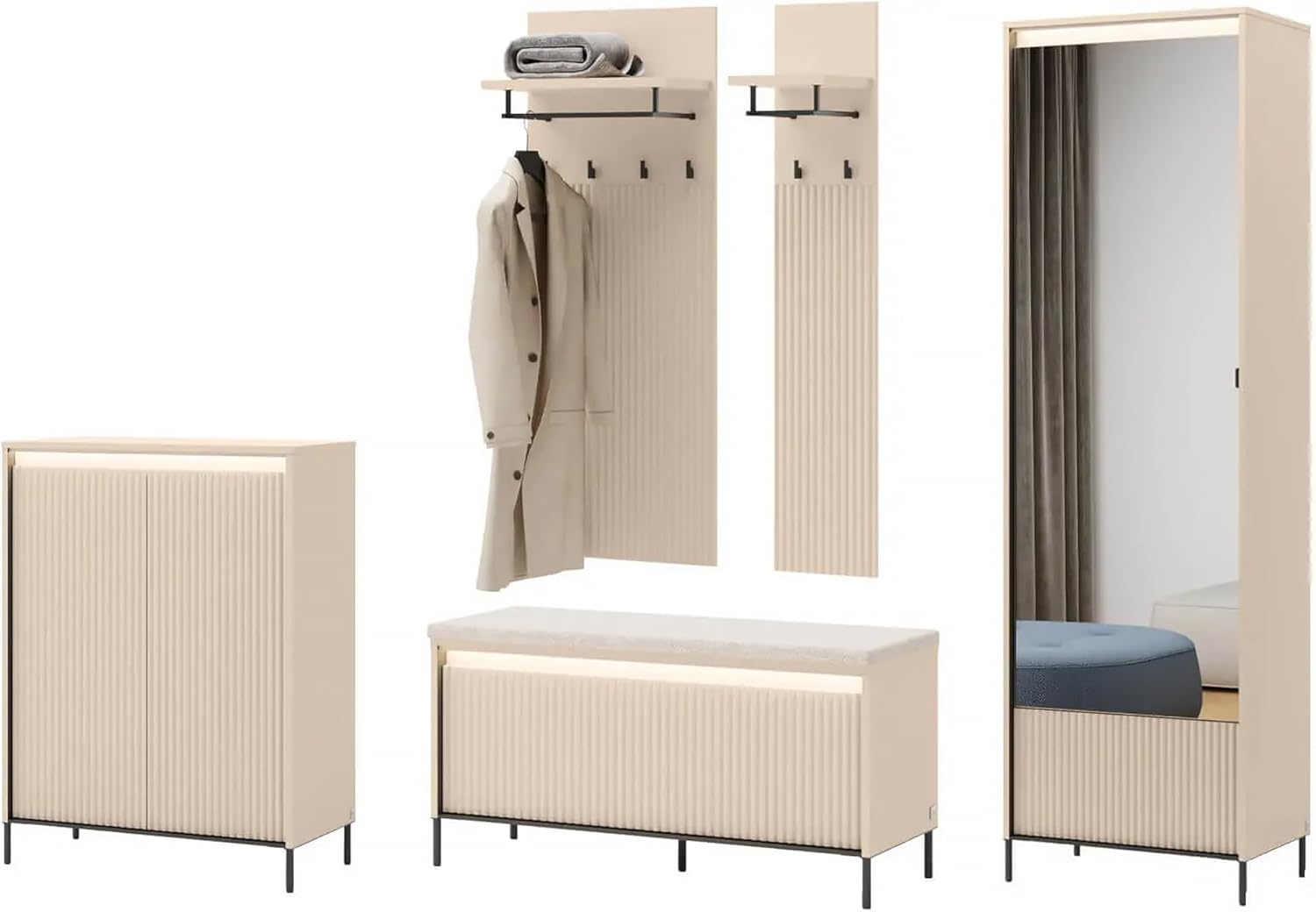 MEBLINI Garderobe Flur Möbel Set mit LED - Garderobenschrank Flur mit Spiegel - Garderobe Schrank - Flurgarderobe - Flurschrank hoch - Trend - Beige/Schwarz