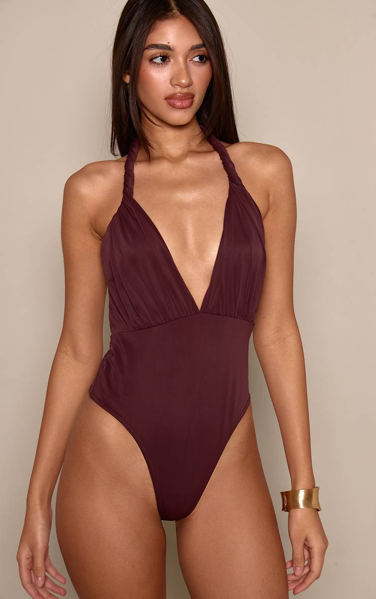 Chocolat Body Col Halter Torsadé Effet Sculptant Mat