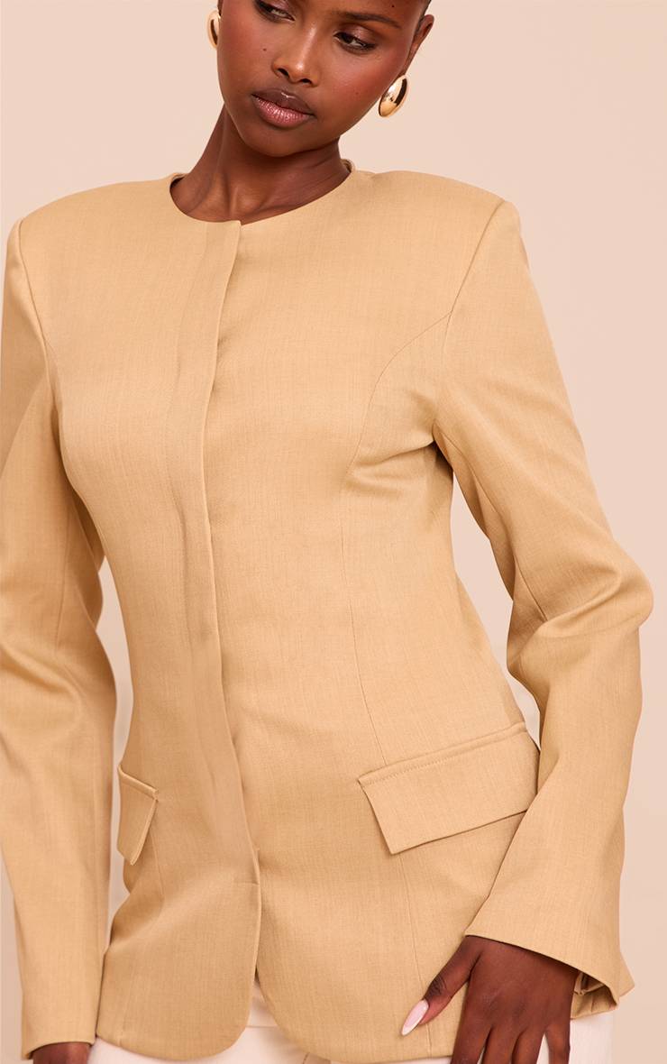 Sable Blazer Boxy Sans Col À Taille Cintrée