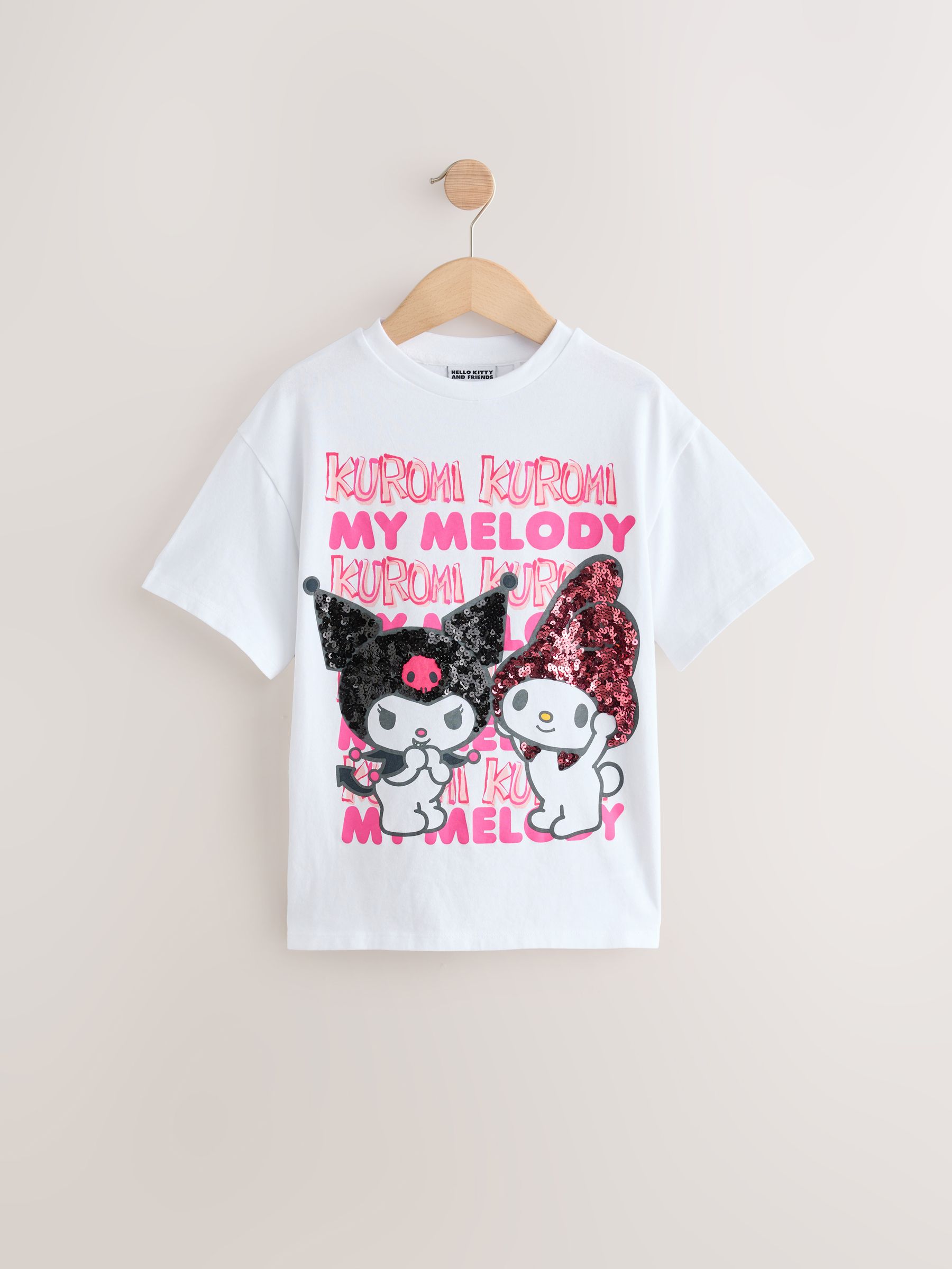 Wit - 100% katoenen oversized Kuromi & Melody T-shirt met licentieprint (3-16jr)