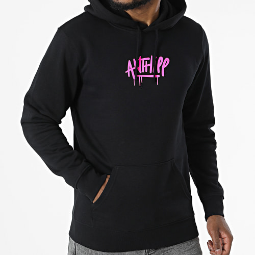 Sweat Capuche Script Noir Rose Fluo
