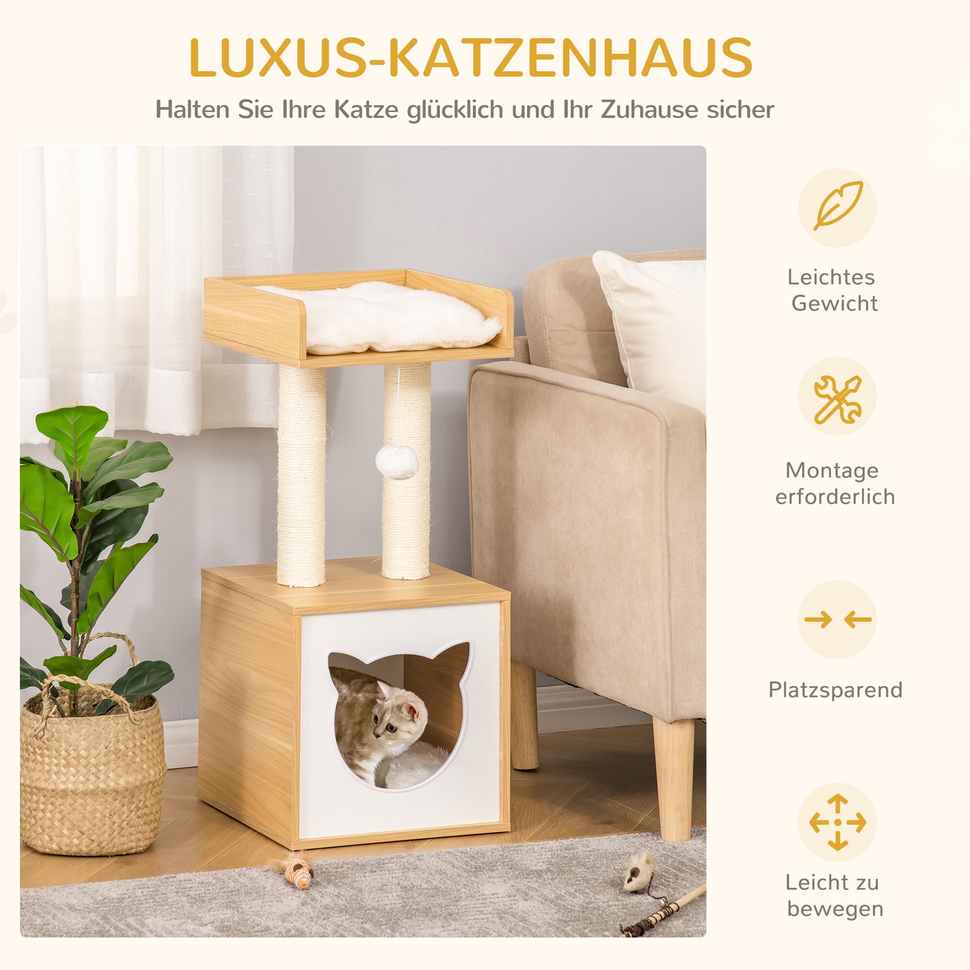 PawHut Kratzbaum mit 2 Kissen natur 35L x 35B x 81H cm