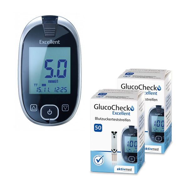 GlucoCheck Excellent Mess-Set zur Blutzuckerkontrolle mit 110 Streifen