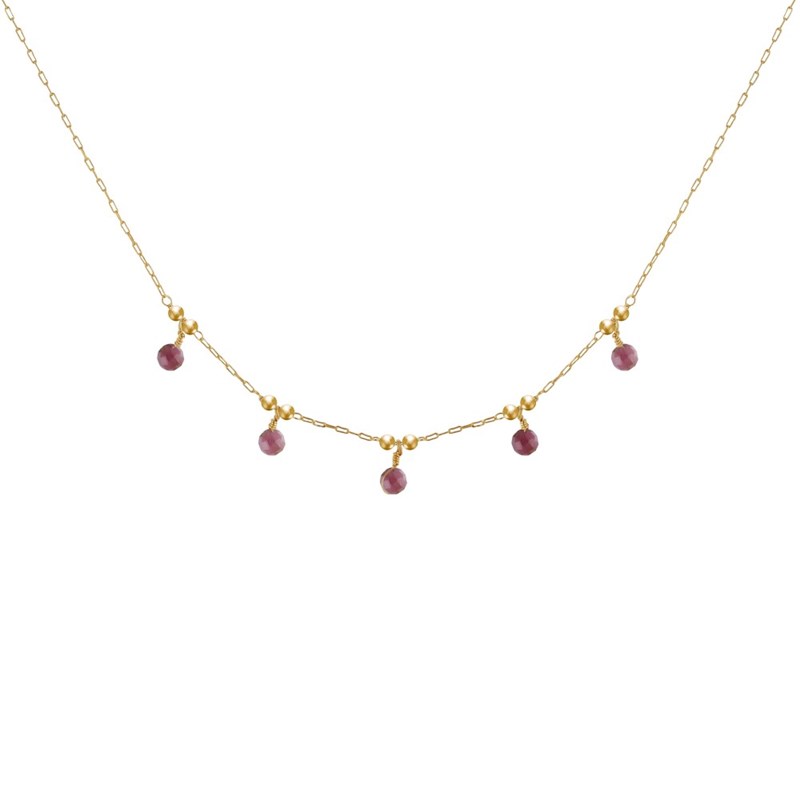 Collier Plaqué Or 5 Perles Facettées de Tourmaline