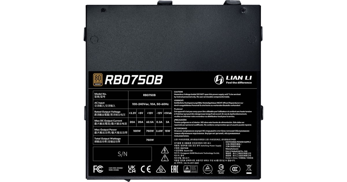 Lian LiRB 750B 750 watt voeding   (Zwart, 1x 12V-2x6, 2x PCIe)