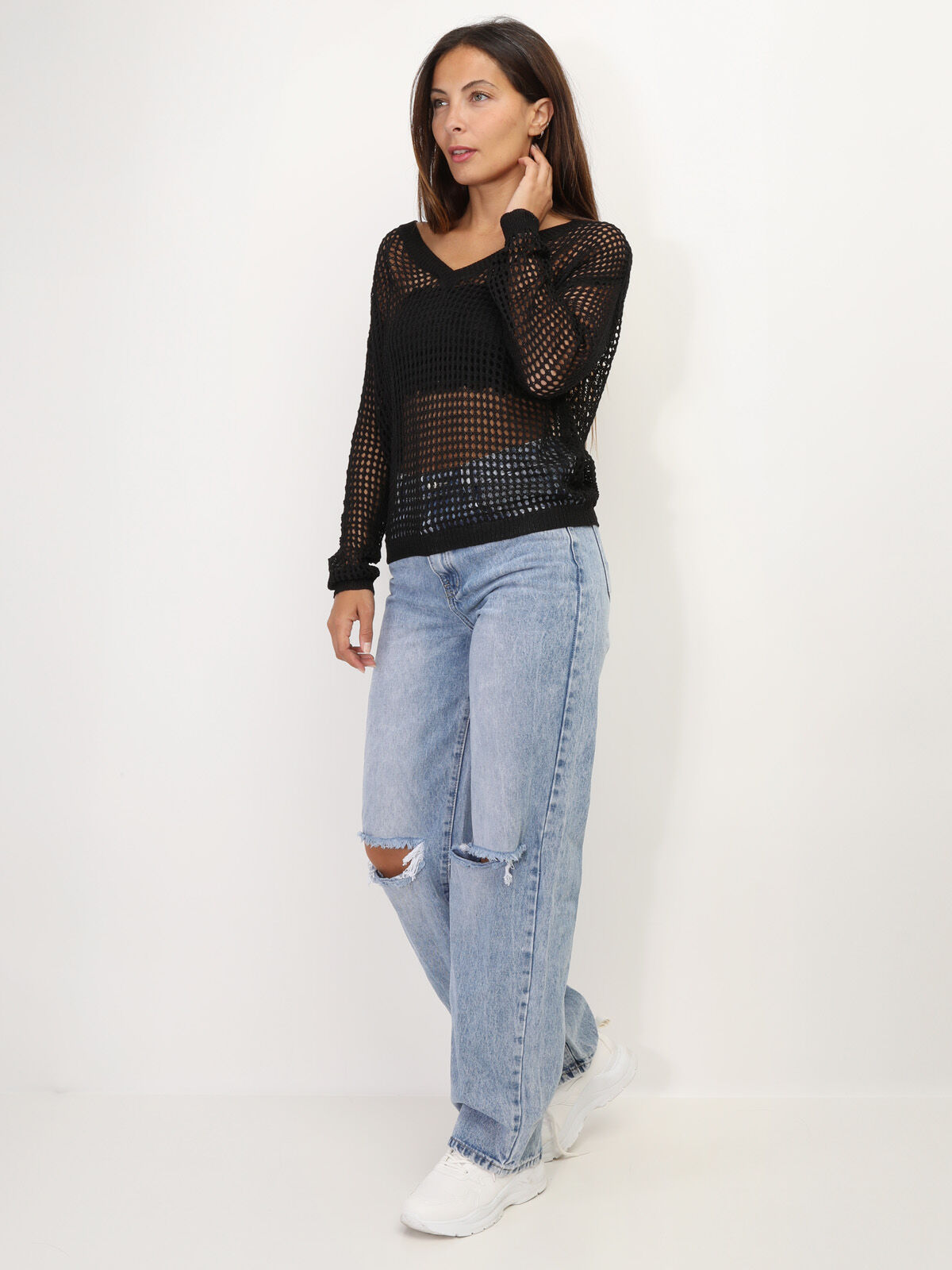 Pull en maille ajourée- Noir