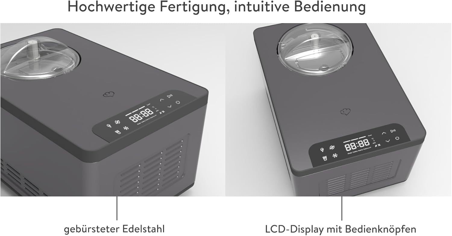 SPRINGLANE Eismaschine & Joghurtbereiter Elisa 2,0 L mit selbstkühlendem Kompressor 220 W, aus Edelstahl mit Kühl- und Heizfunktion (Elisa Anthrazit, Eismaschine + Zusatzbehälter Edelstahl)