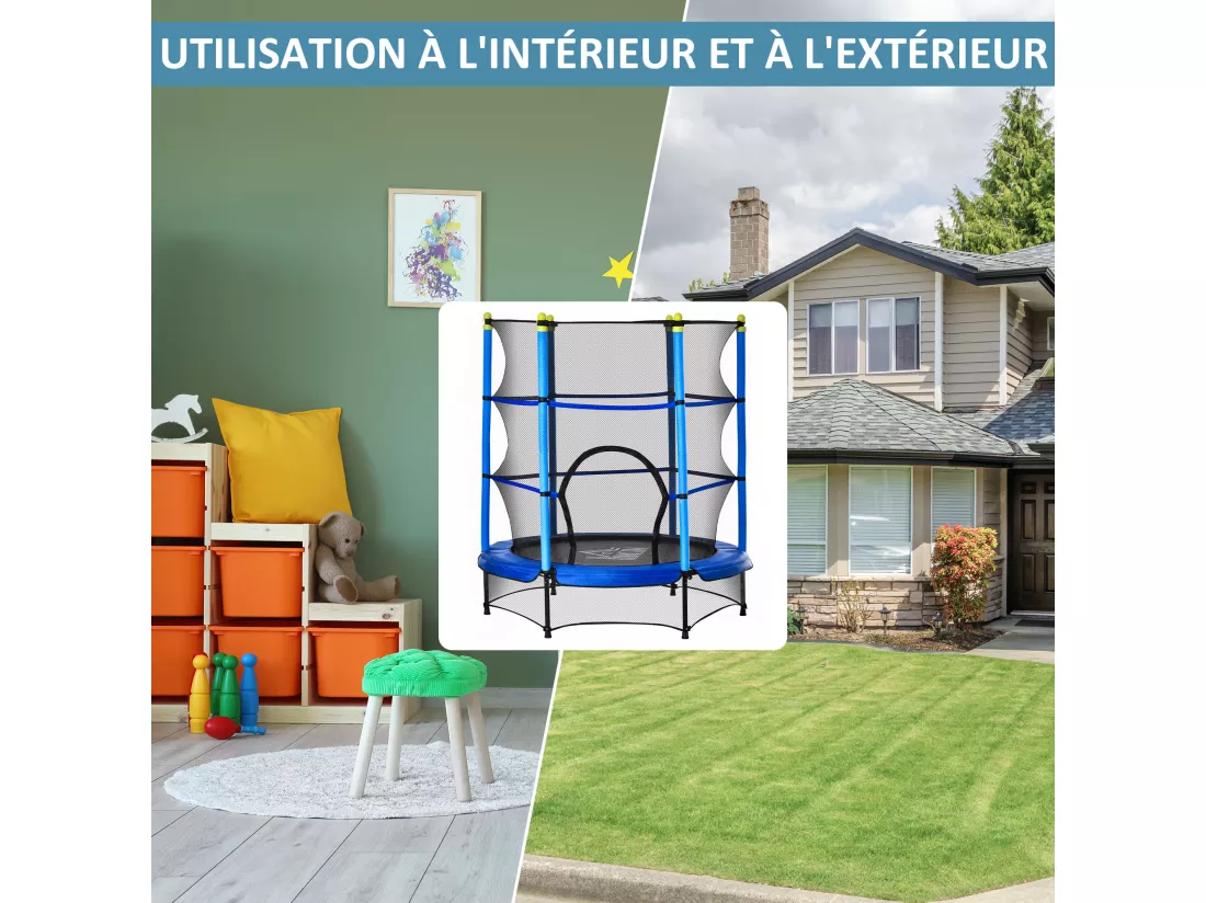Trampoline enfant Ø 1,40 × 1,60H m filet de sécurité porte zipée couvre-ressorts 6 poteaux rembourrés inclus bleu