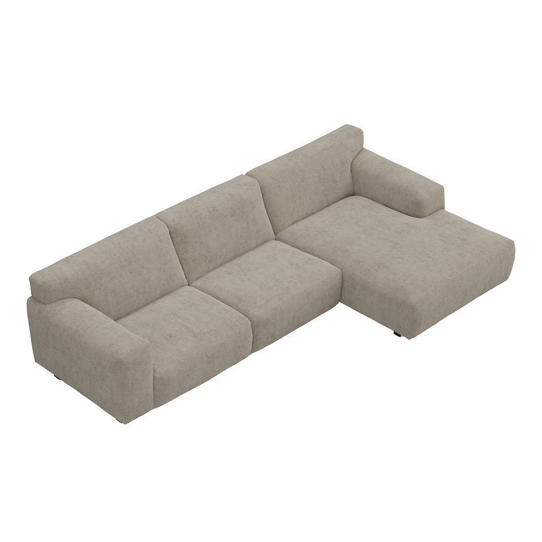 Vesta 2,5-seter med sjeselong høyre I Tekstil Eros Stone, standardsøm, sort metallben 10 cm, Comfort CM