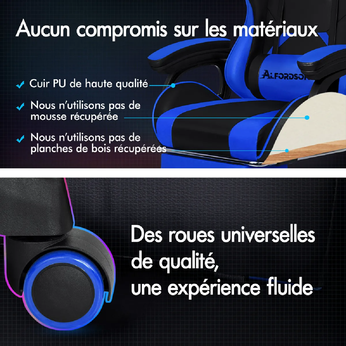 Alfordson Chaise Gaming - Bleu et Noir