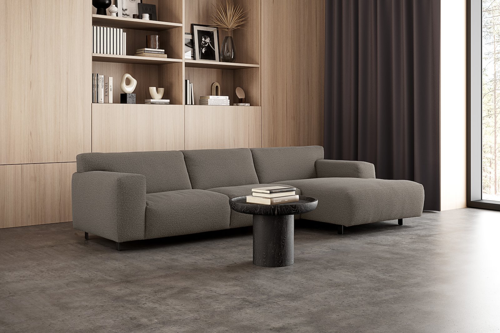 Vesta 2,5-seter med sjeselong høyre I Tekstil Gianni Grey, standardsøm, sort metallben 10 cm, Comfort CM