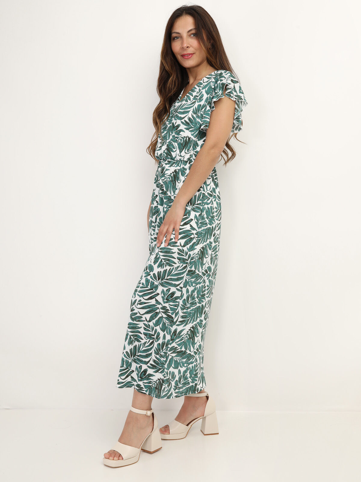 Robe longue cache cœur à imprimé feuilles- Vert