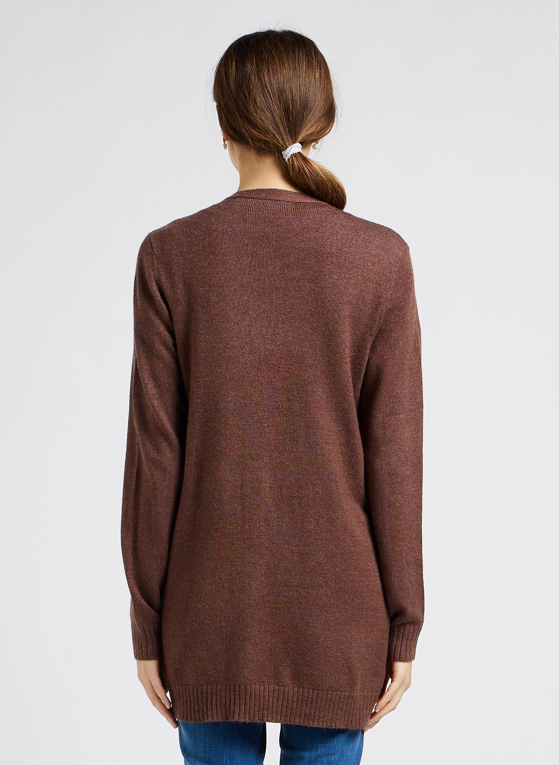 Gilet col châle mi-long à poches en maille mélangée | Marron