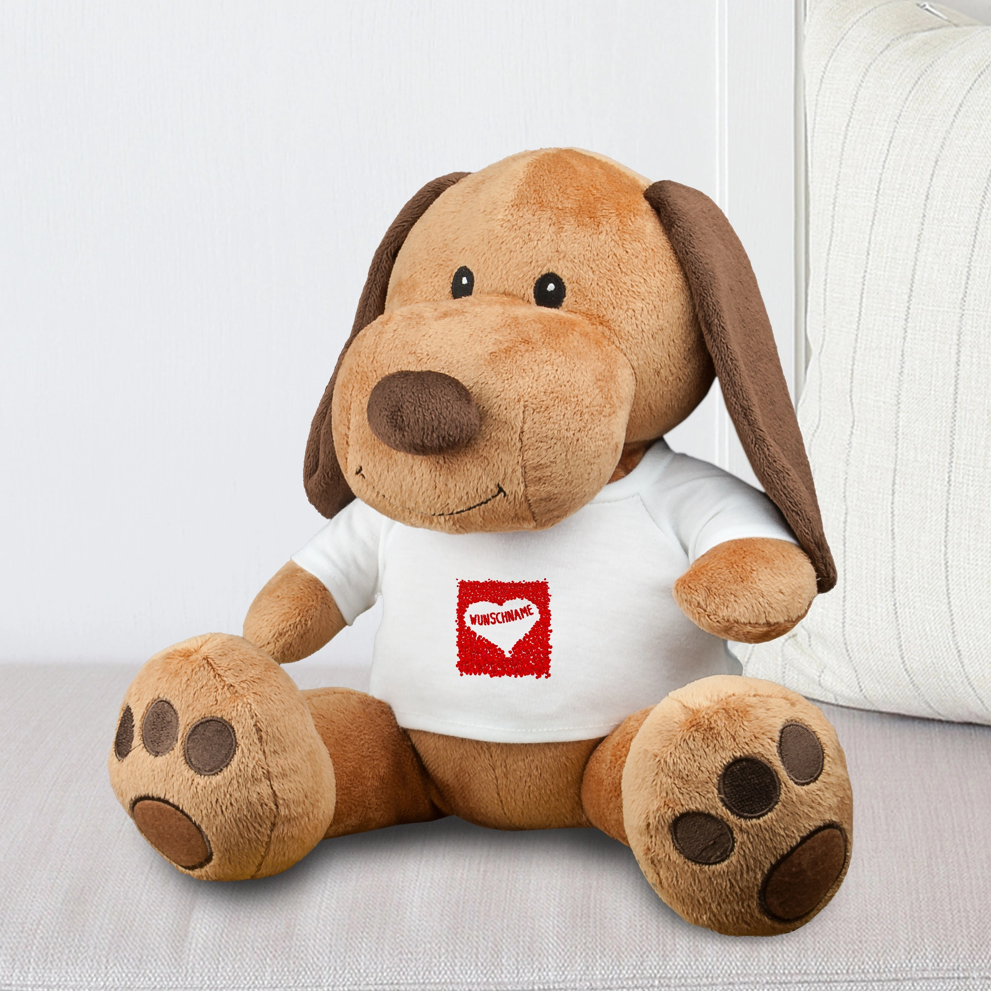 Kuscheltier Hund mit Namen (Motiv: Rosenherz)