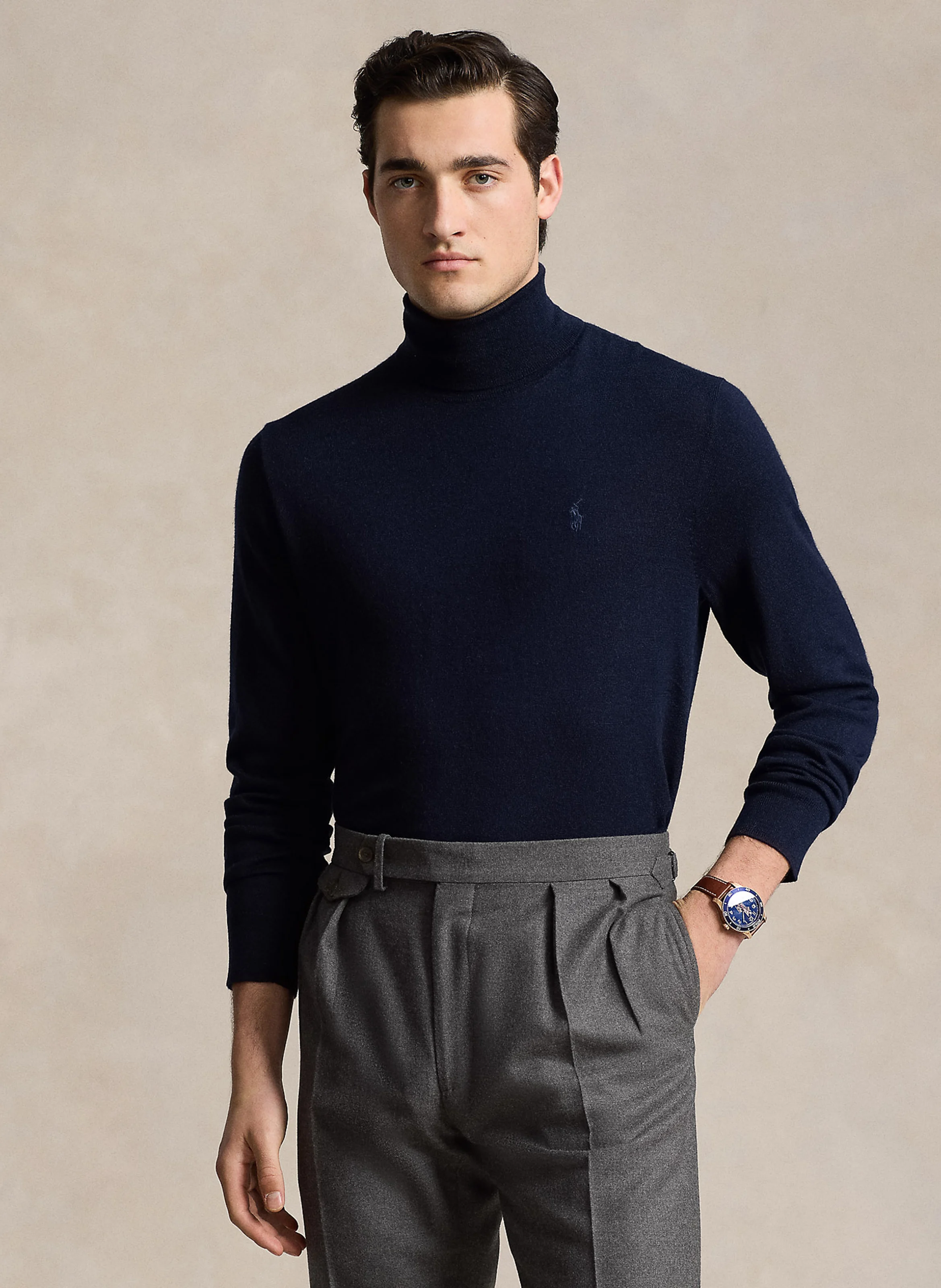Pull col roulé brodé en laine| Bleu