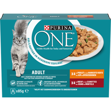 Purina ONE® Adult Rijk aan Kip en Sperziebonen / Rund en Wortels in Saus kattenvoer nat 8x85g