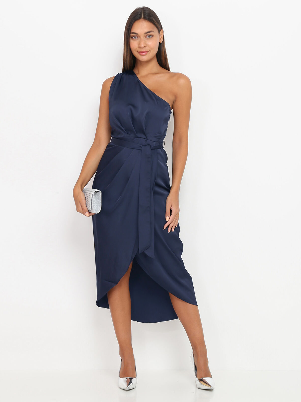 Robe asymétrique satinée- Bleu marine