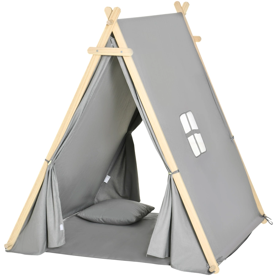 HOMCOM Kinder Tipi Zelt mit Kissen, Bodenmatte und Aufbewahrungstasche grau
