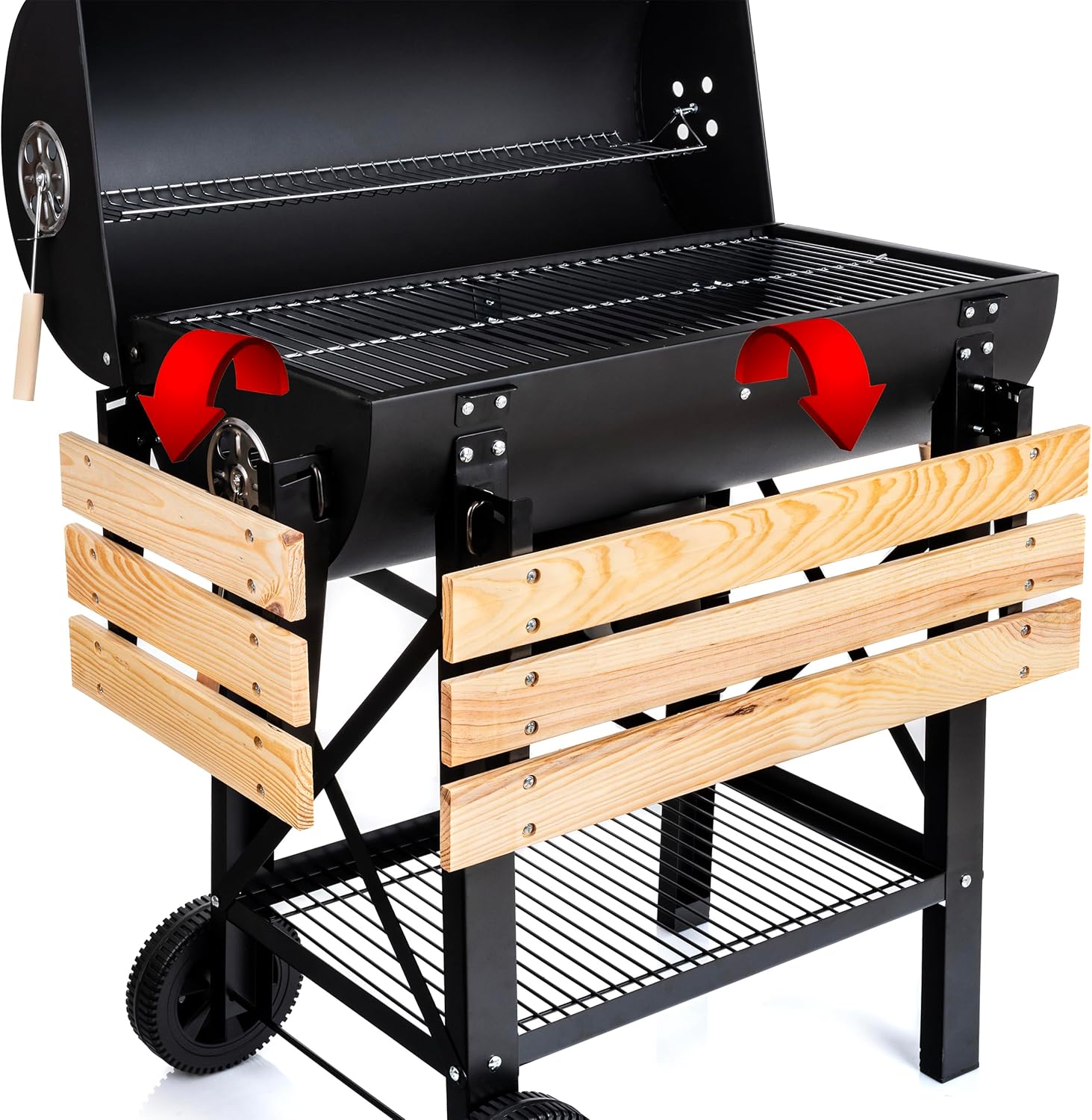 LEHMANN Holzkohlegrill mit Grillrost XL, Grillwagen mit 2 Holzeinlegeböden, Deckel, Rädern und nicht wärmender Griff, Kohlegrill für Garten, Terrasse, Camping