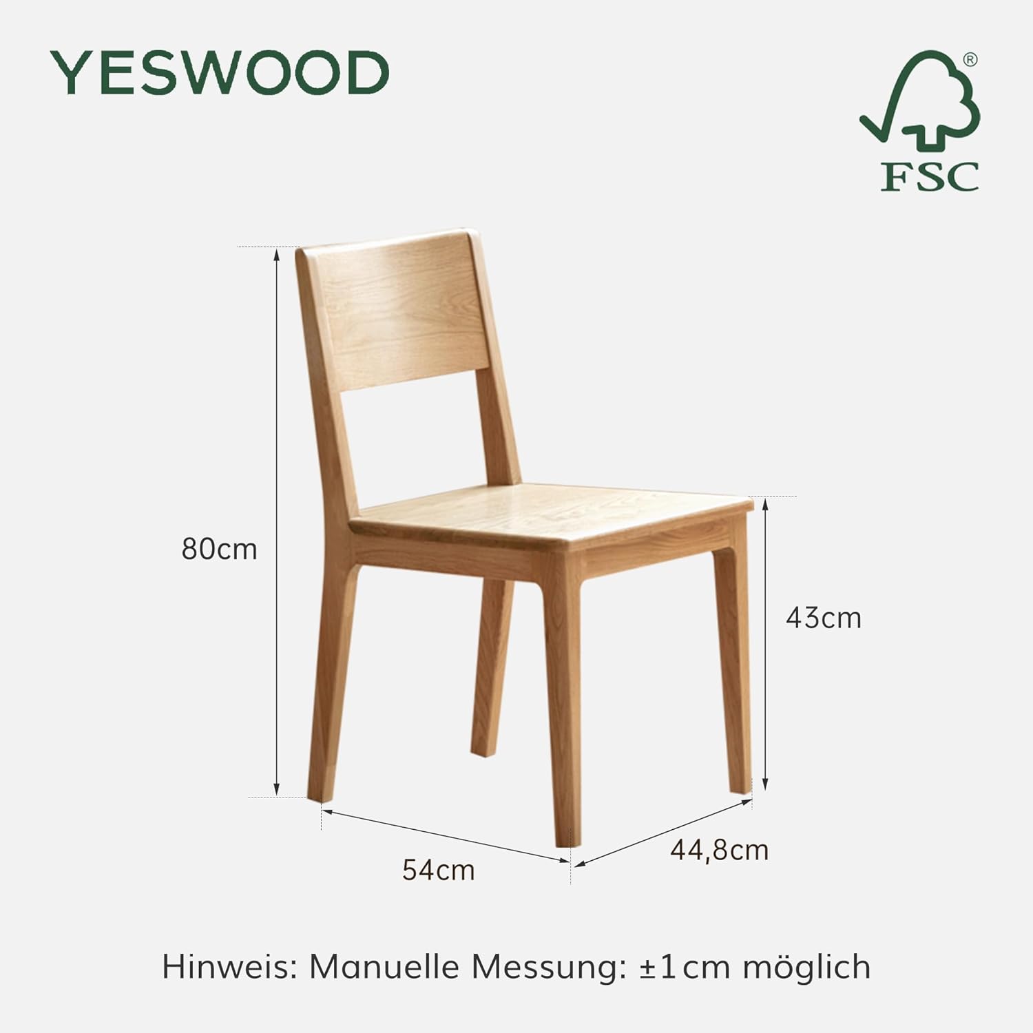 YESWOOD Massivholz Esszimmerstühle 2er Set aus Eichenholz, küchenstühle mit klassisches Design, Ideal für Esstische und Küchen, Holzstühle, Leicht zu reinigen, Stabil, 44x54x80 cm, Naturfarbe