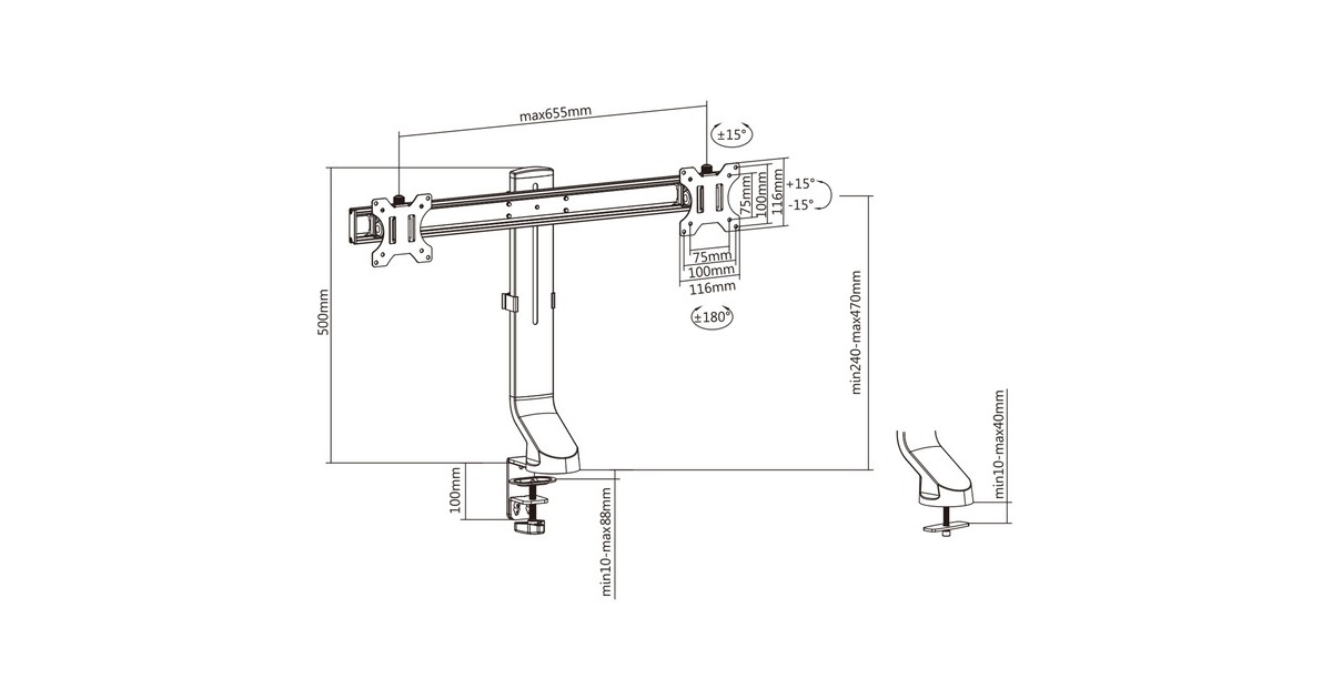 ACT ConnectivityMonitorarm office, op voet met gasveer, crossbar, 2 schermen  (Zwart)