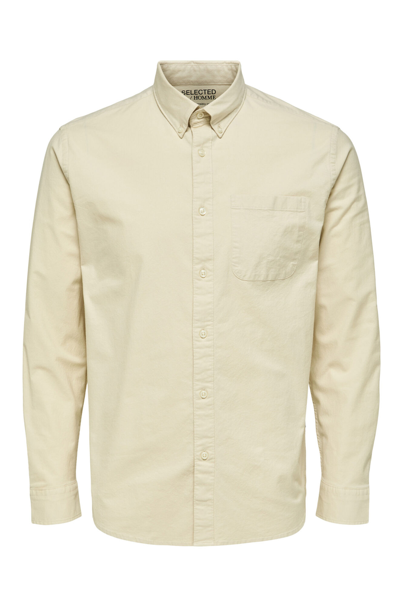 Camisa de manga comprida com bolso, 100% algodão - Marrom