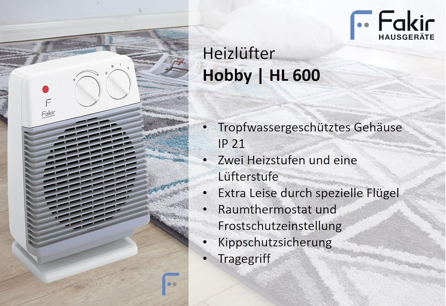 Fakir Heizlüfter Hobby HL 600 – Heizlüfter für das Badezimmer, 2000 Watt mit 2 Heizstufen, Ventilatorfunktion, Tropfwasser- & Überhitzungsschutz, Drehregler & Betriebskontrollleuchte