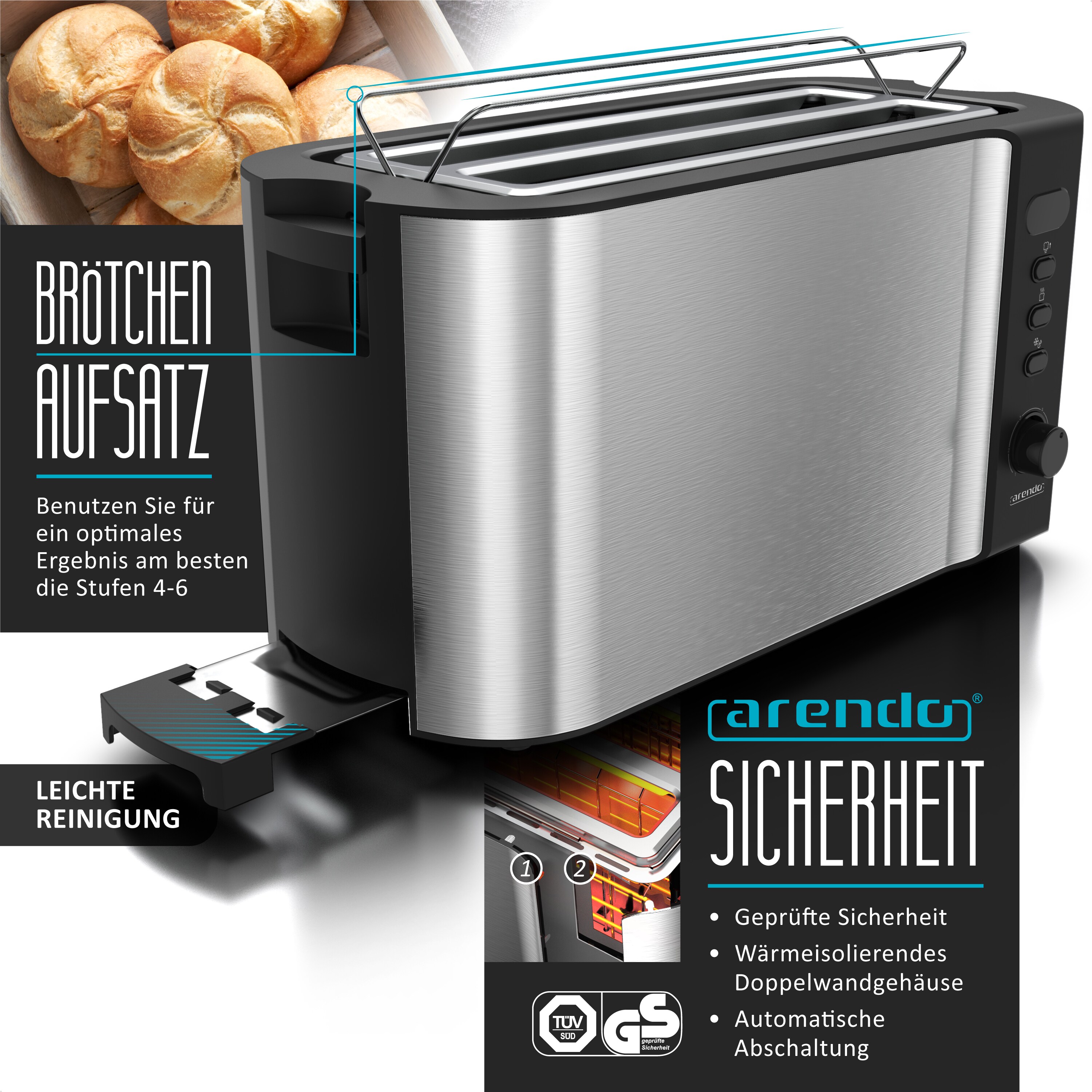 Arendo 2-teiliges Frühstücksset, Edelstahl Wasserkocher 2200W, 4-Scheiben Langschlitz Toaster, Silber