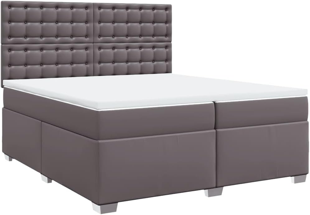 Boxspringbett Grau 200x200 cm, Kunstleder mit Taschenfederkernmatratze, Höhenverstellbares Kopfteil, LED-Beleuchtung, Matratzenauflage