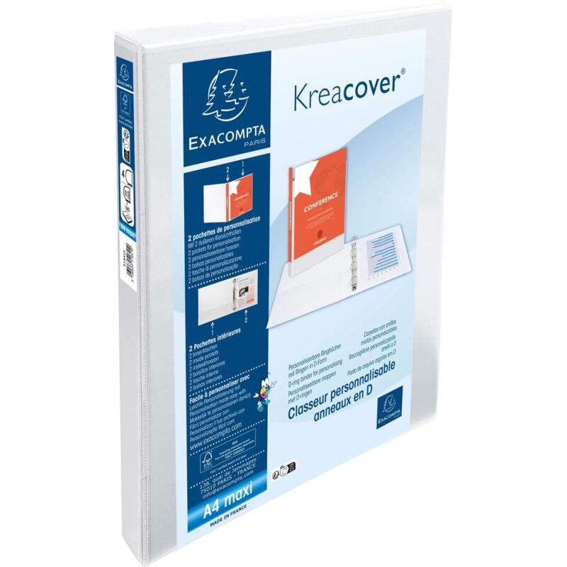 Classeur PP personnalisable Kreacover - 4 anneaux en D 20mm - A4 maxi - Blanc