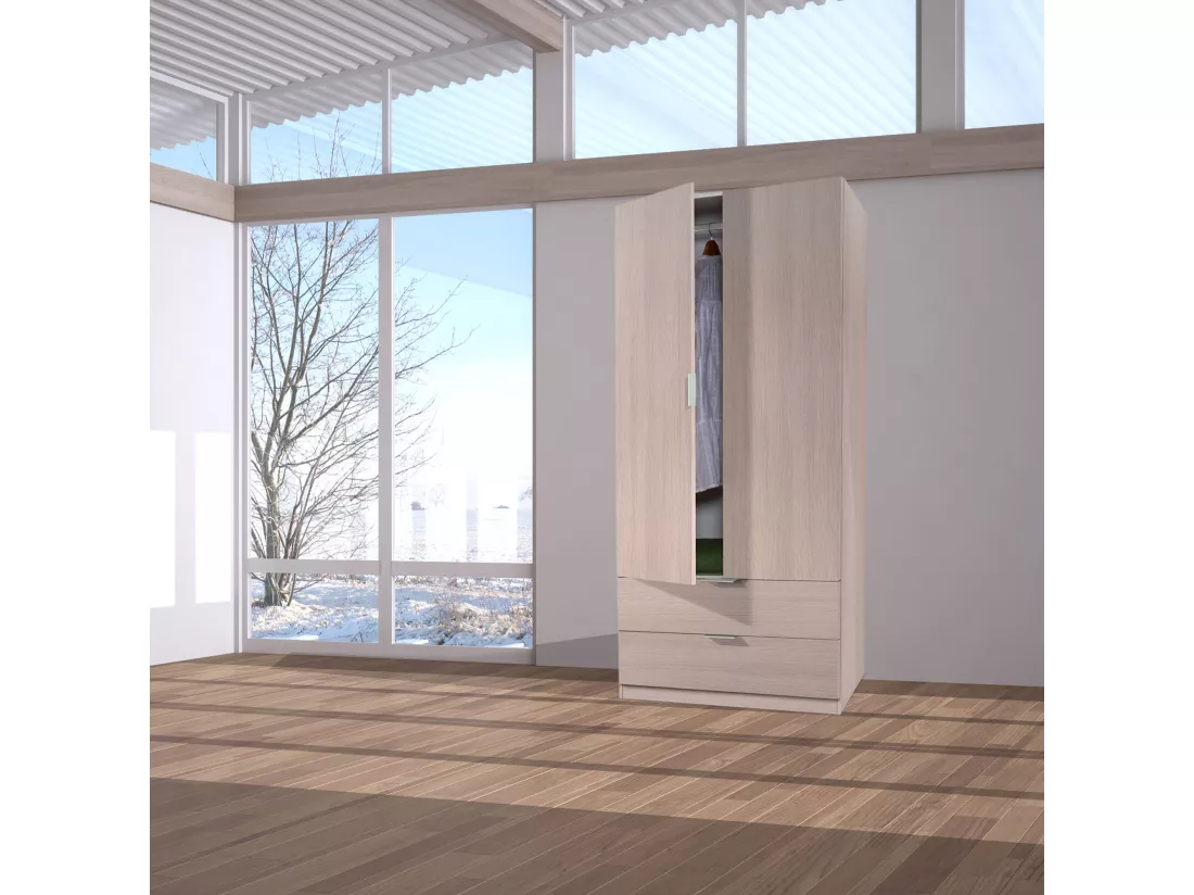 Armoire Darest, armoire de chambre 2 portes 2 tiroirs, armoire de chambre avec barre de suspension, 81x52h180 cm, chêne