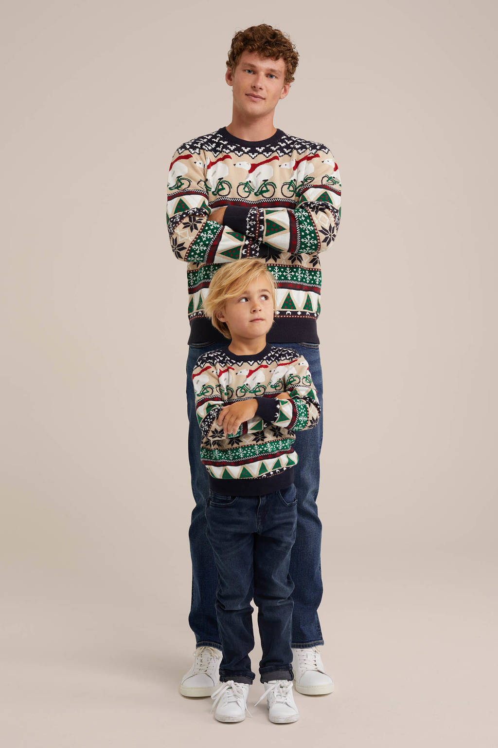 WE Fashion gebreide kersttrui donkerblauw/beige/groen