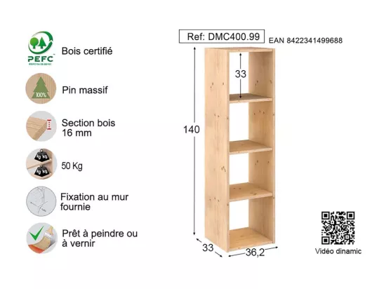 Étagère modulaire en pin massif Dinamic 4 tablettes