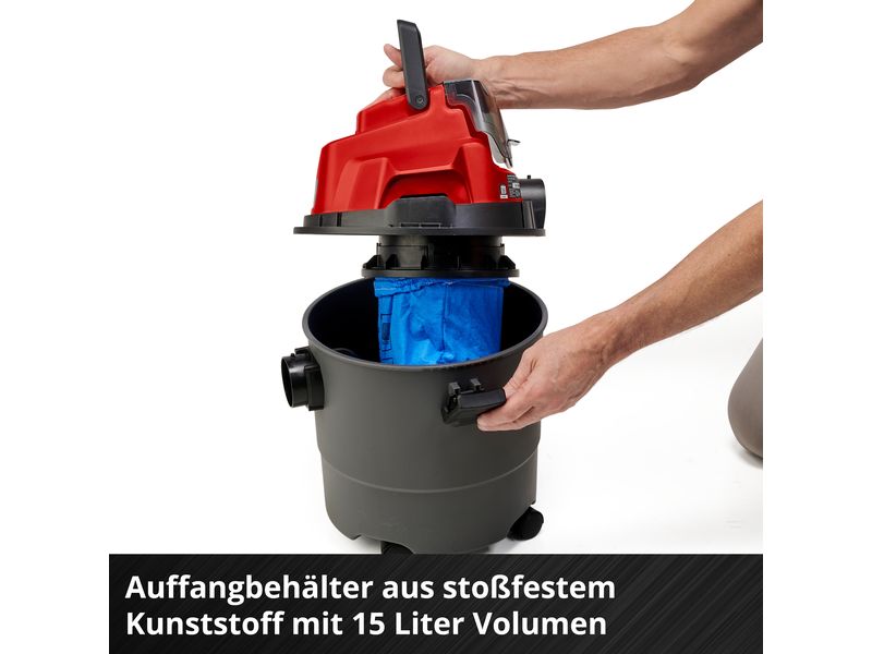 Einhell Akku-Nass-/Trockensauger TC-VC 18/15 Li-Solo Akkubetriebener Nass-/Trockensauger mit 15-Liter-Kunststoffbehälter