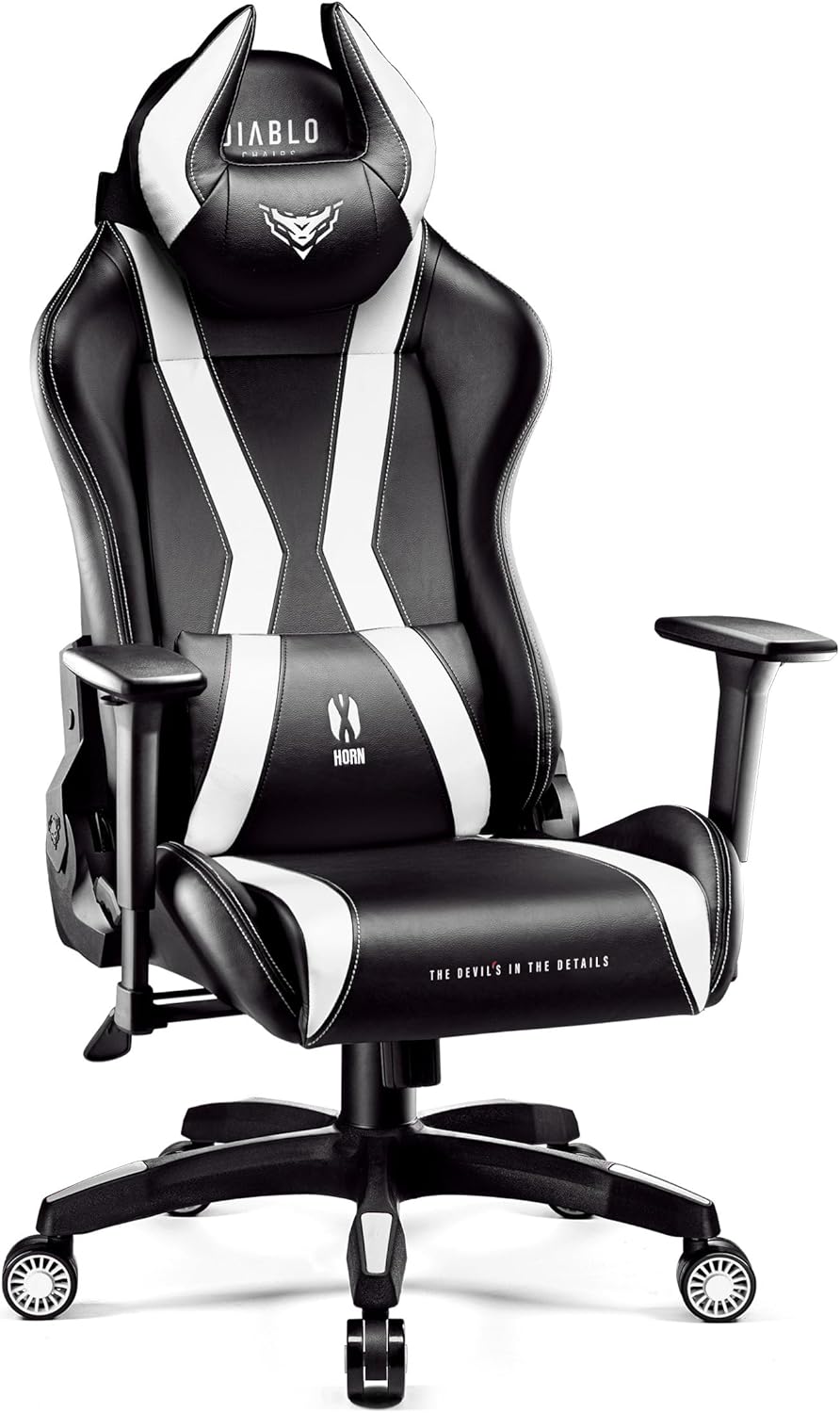 Diablo Gaming Stuhl X-Horn 2.0 Bürostuhl Gamer Chair Schreibtischstuhl 3D Armlehnen Ergonomisches Design Nacken/- Lendenkissen Kunstleder Wippfunktion Schwarz-Weiß Normal (L)