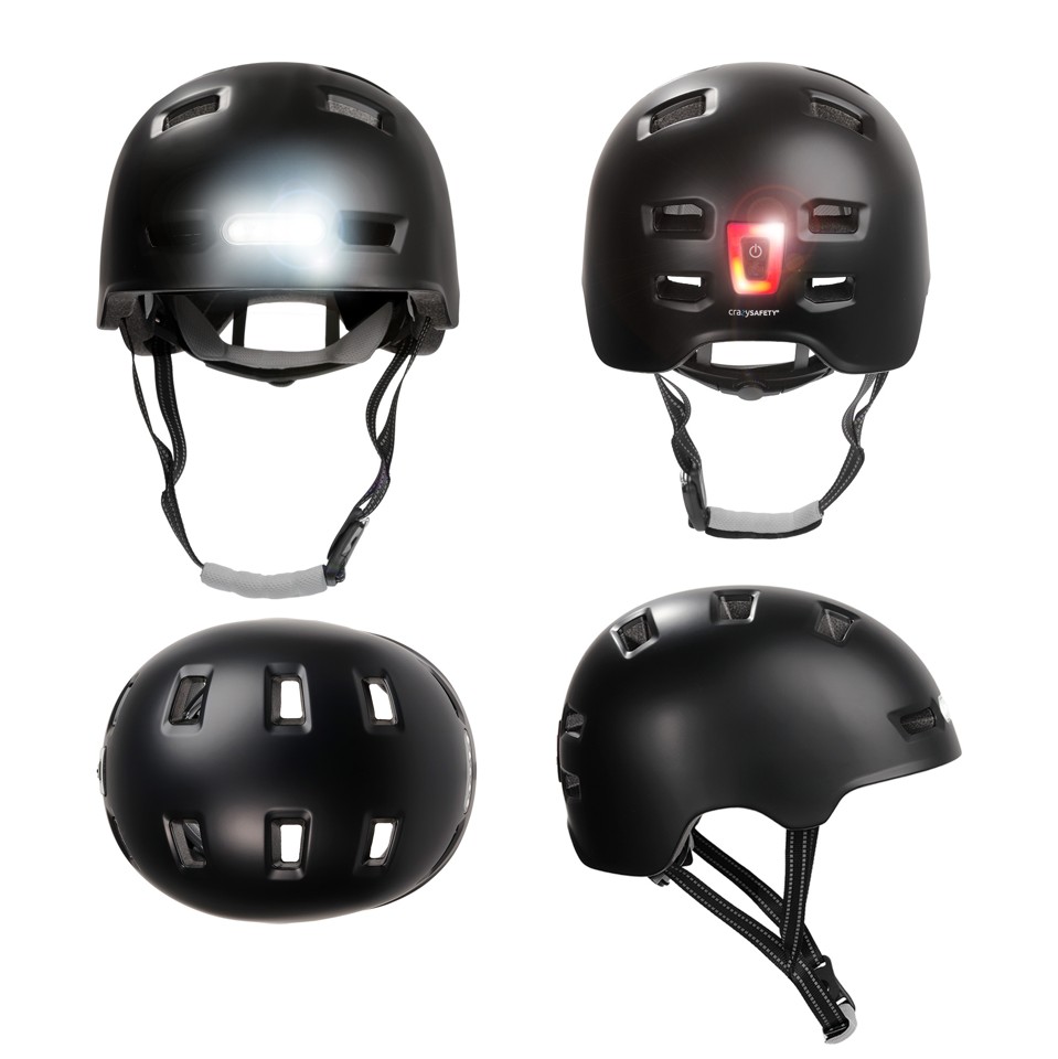 Crazy Safety - Urban cykel- og skaterhjelm med for- og baglygter - Sort - M (54-57cm)
