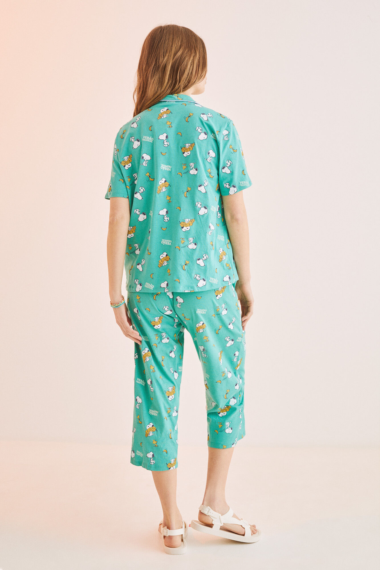 Pijama Camisa Snoopy 100% Algodão Verde Capri - Estampado