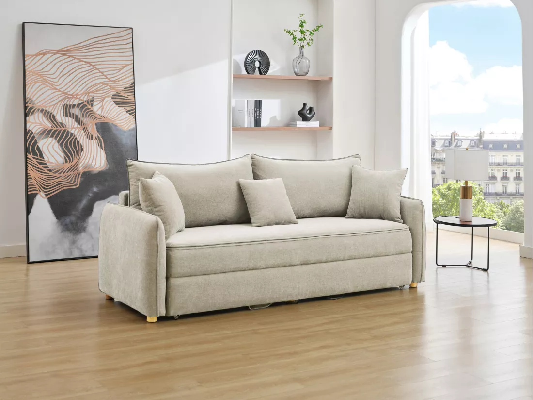 Canapé 3 places convertible en tissu beige avec assise à mémoire de forme TORNOLO