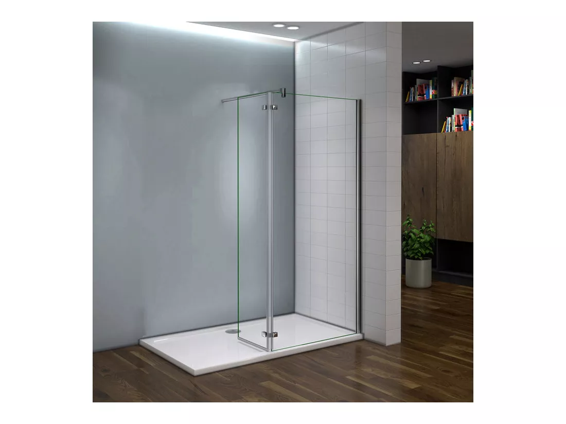 Paroi de douche fixe à l'italienne avec retour pivotant 90+40x200cm, charnières, avec barre de fixation 140cm en carré