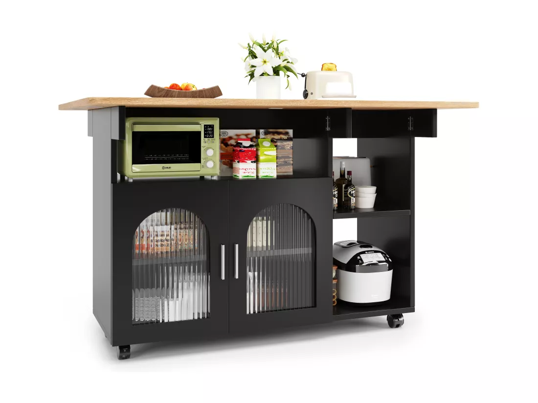Ilot central de cuisine mobile avec 2 portes et étagères ouvertes - Plateau extensible - 120x30(70)x79.5cm - Bois MDF - Noir et naturel