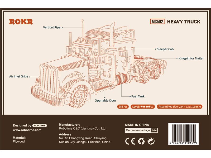 RoboTime Bausatz Heavy Truck 3D-Puzzle aus lasergeschnittenen Holzteilen