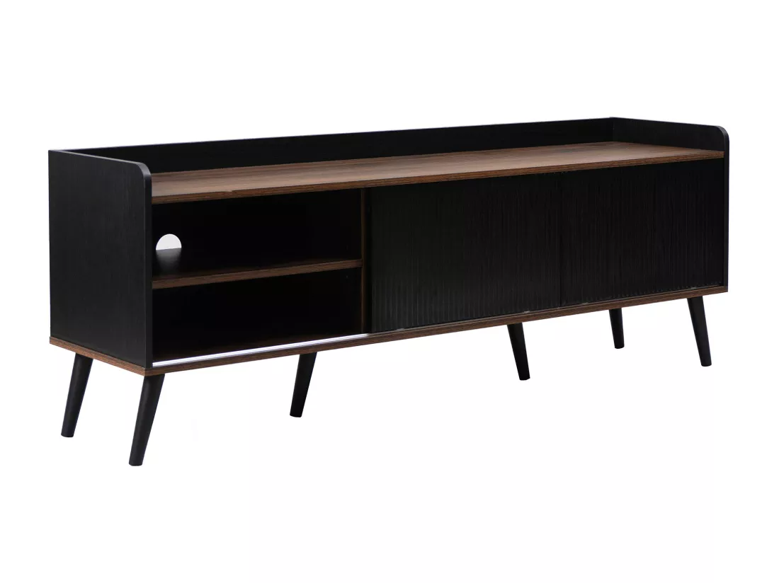 Meuble TV effet bois et noir avec 2 tiroirs au central et 2 portes coulissantes H58/L160/P40cm UNGRUDS