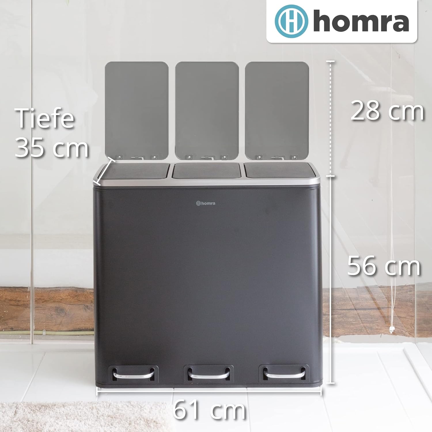 Homra Mülleimer Küche 3 Fächer Sparq 54l | Mülltrennsystem 3Fach | Edelstahl Treteimer 3x18 Liter | Trennsystem 3 Inneneimern | Abfall & Recycling | Abfalleimer Tretmülleimer Softclose | Schwarz