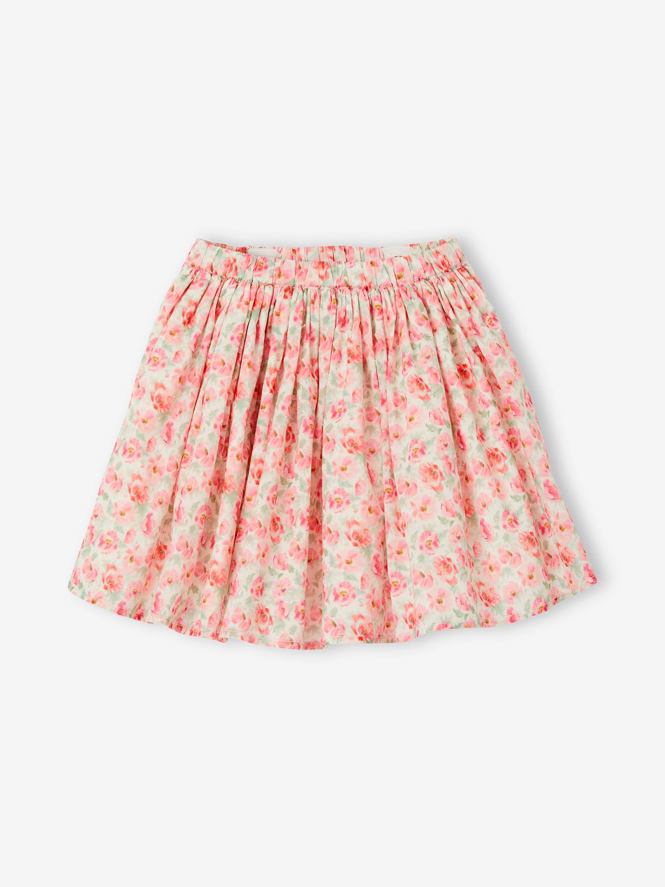 Saia floral para festa infantil, estampa branca clara.