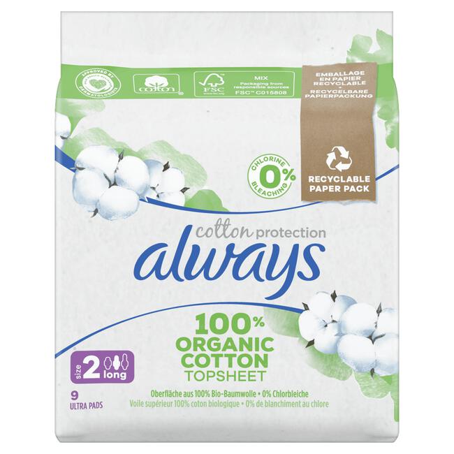 Always Cotton Protection Maandverband Long Met Vleugels 9 Stuks