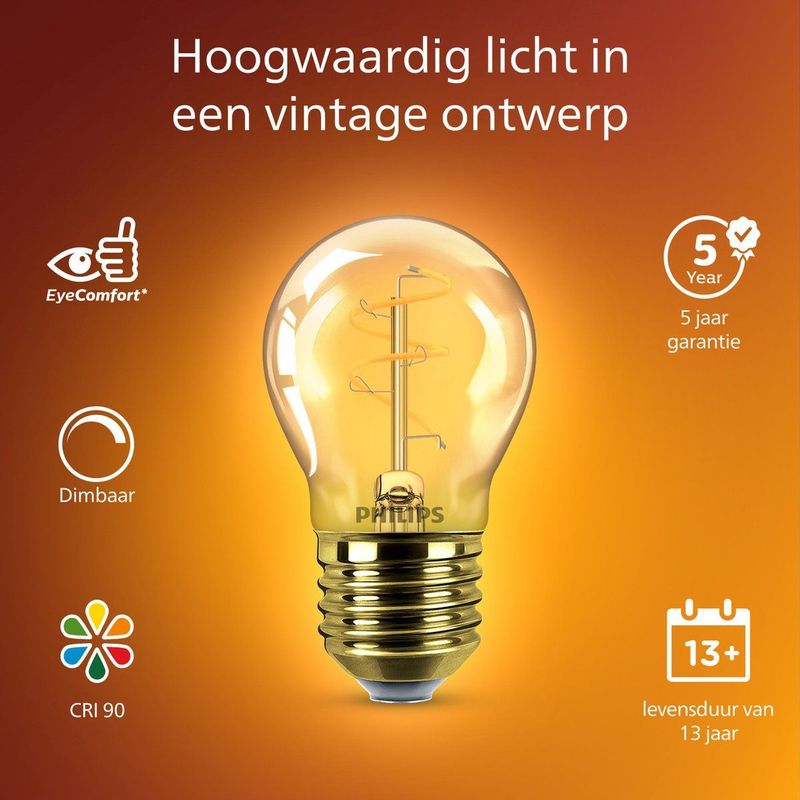 Philips LED Kogellamp Spiraal Goud - 15 W - E27 - Dimbaar extra warmwit licht